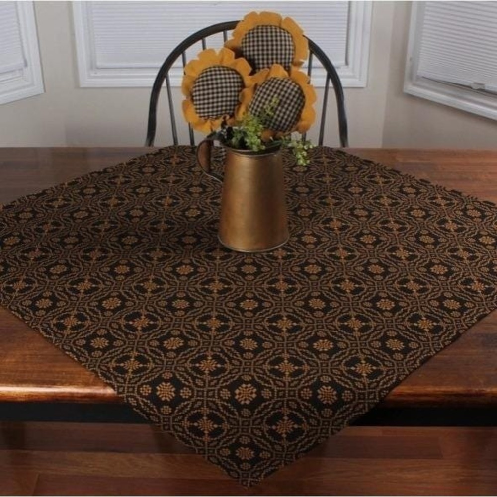 Primitive Colonial Lover's Knot Coverlet Table Square 36" x 36" Black & Mustard